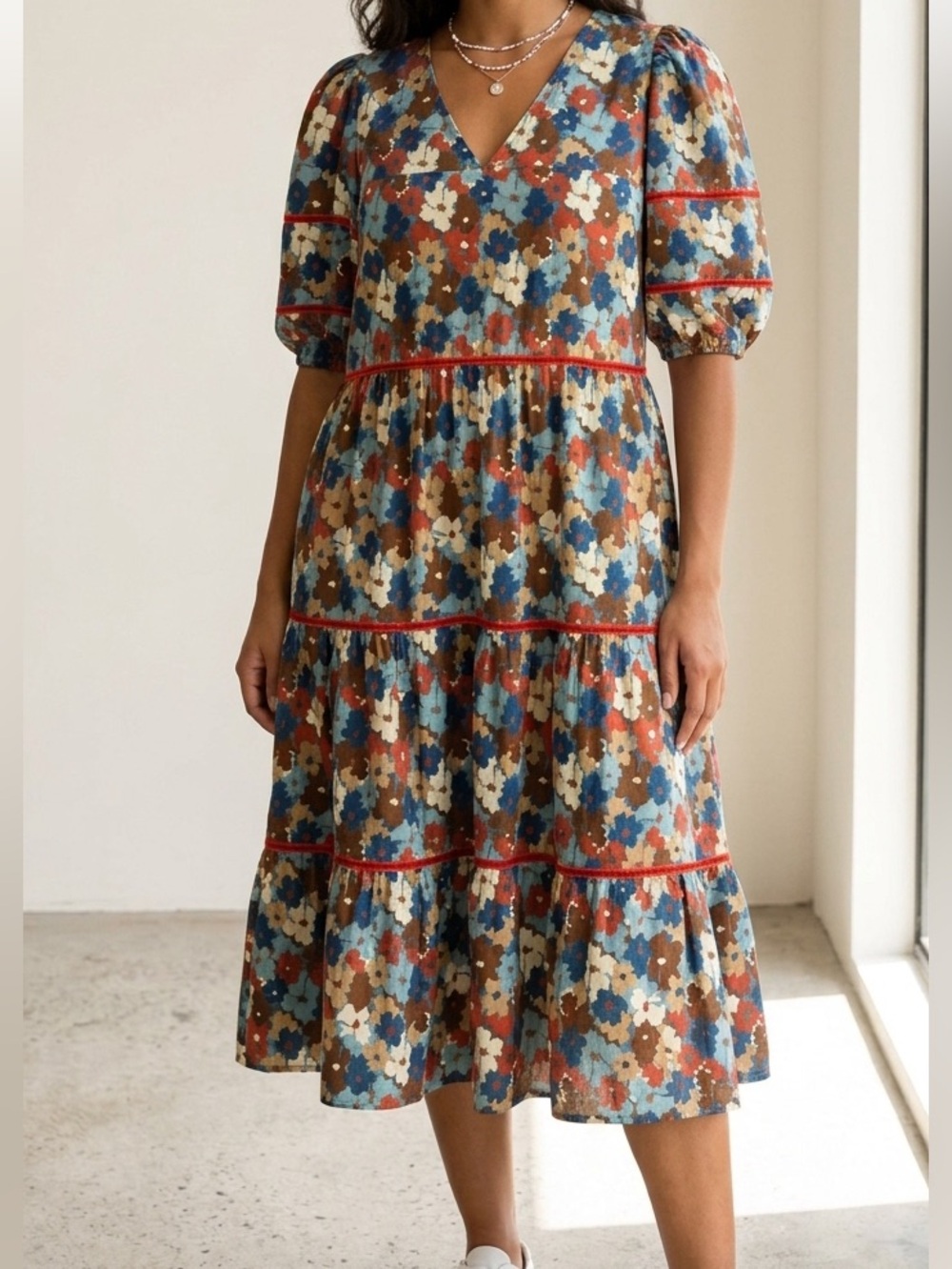 Olivia James The Label Emory Fall Floral Print Midi Dress Size Large